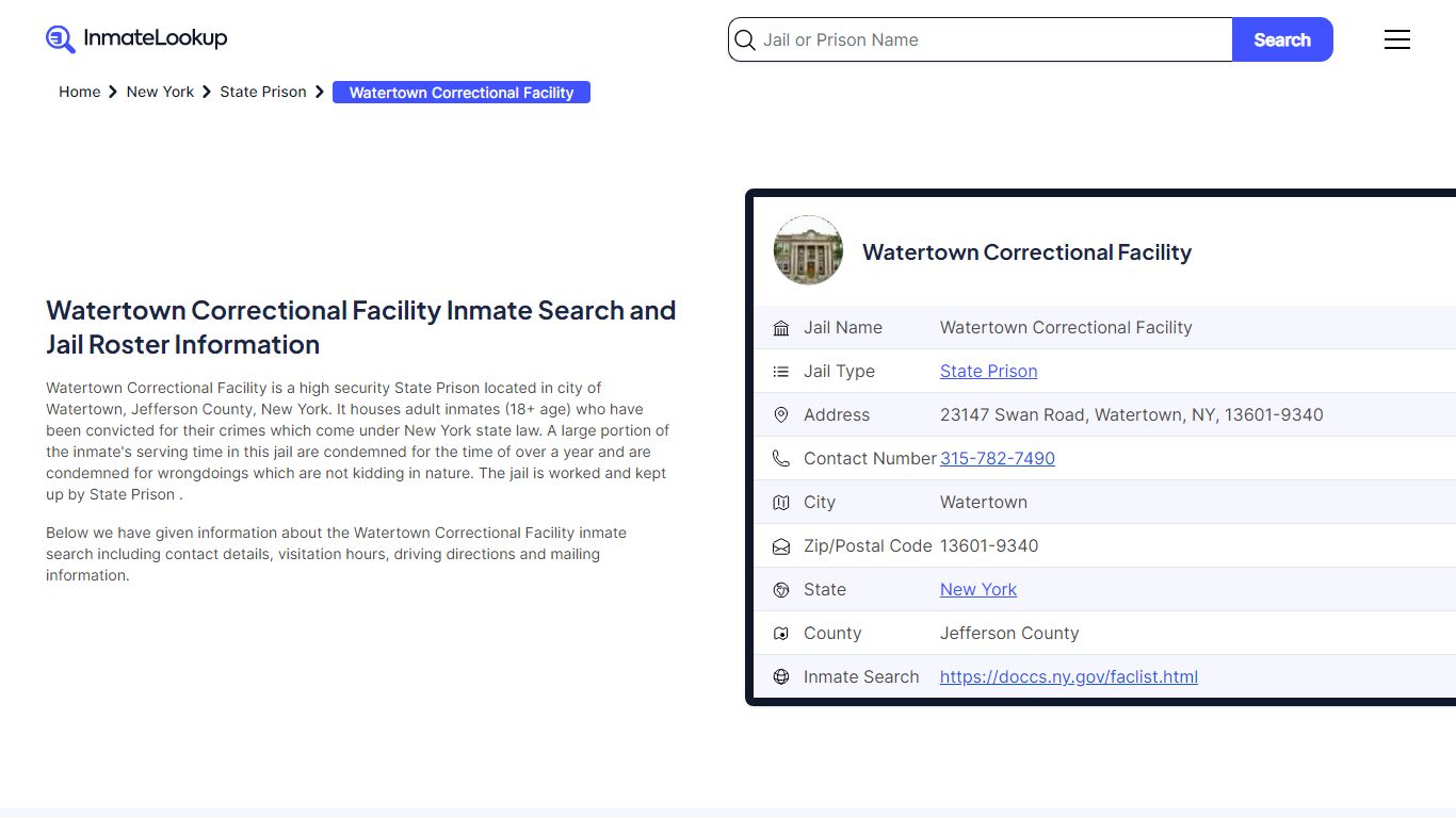 Watertown Correctional Facility Inmate Search, Jail Roster, Bookings ...